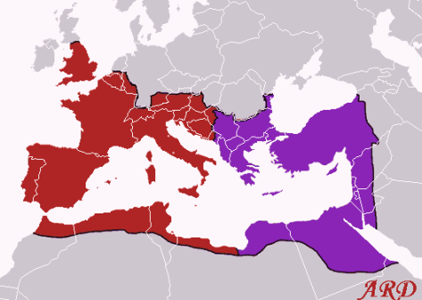 The Roman Empire in 395: the Western Empire is in red, while the Eastern is in purple