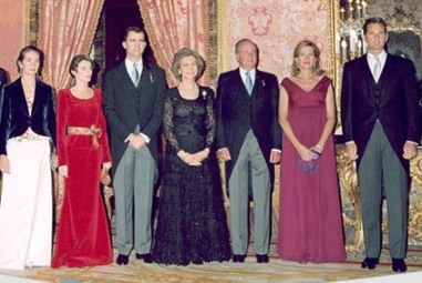 Spanish Royal Family: from left to right - Infanta Elena, Princess Letizia, Prince Felipe, Queen Sofia, King Juan Carlos, Infanta Cristina and Don Inaki