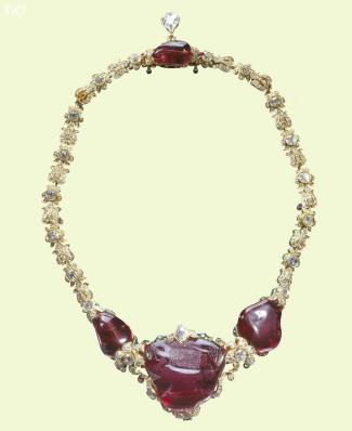 Timur Ruby in its current setting, as the centrepiece of a necklace 